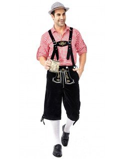 Herre Tradisjonell Bayersk Oktoberfest Lederhosen Kostyme Rød Svart