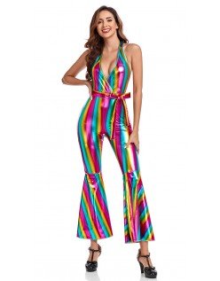 Discokostyme Kvinner 70-Talls Rainbow Rave Hippiekostymer Med Dyp V-hals
